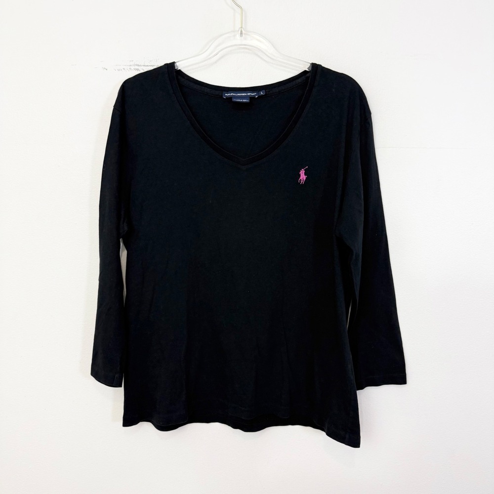 Ralph Lauren Sport Y2K Black Pink Pony V Neck Long Sleeve Top Size L
